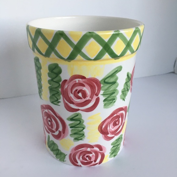 Utensil Crock Hausenware Libby Wilke vi rage Ceramic Stoneware yellow roses - Picture 3 of 13